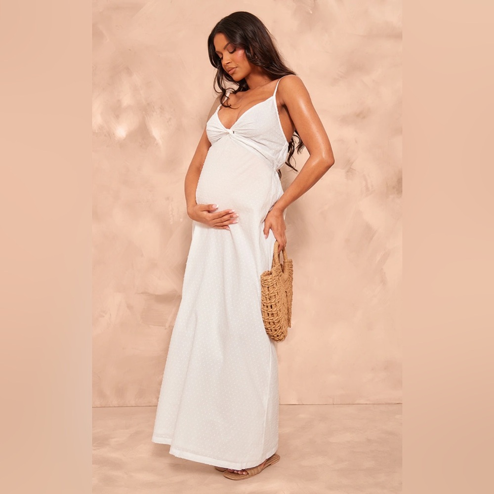 Pretty little things Maternity White Textured Twist Detail Maxi Dress
